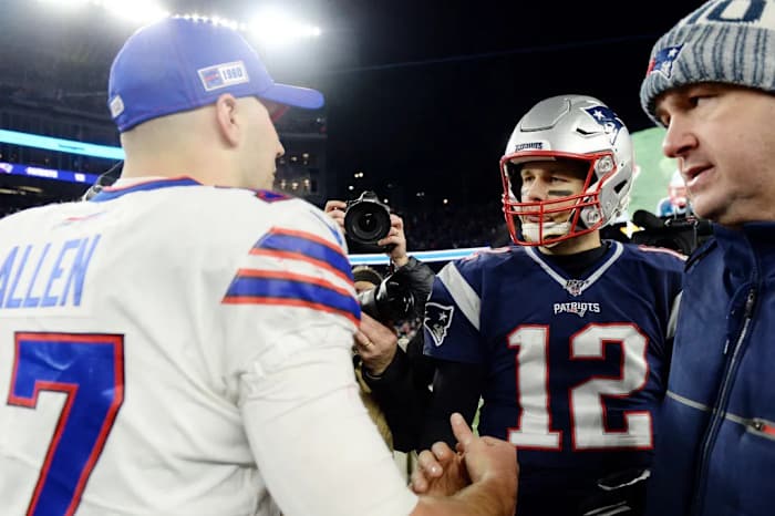 Allen and Brady meet after a game.